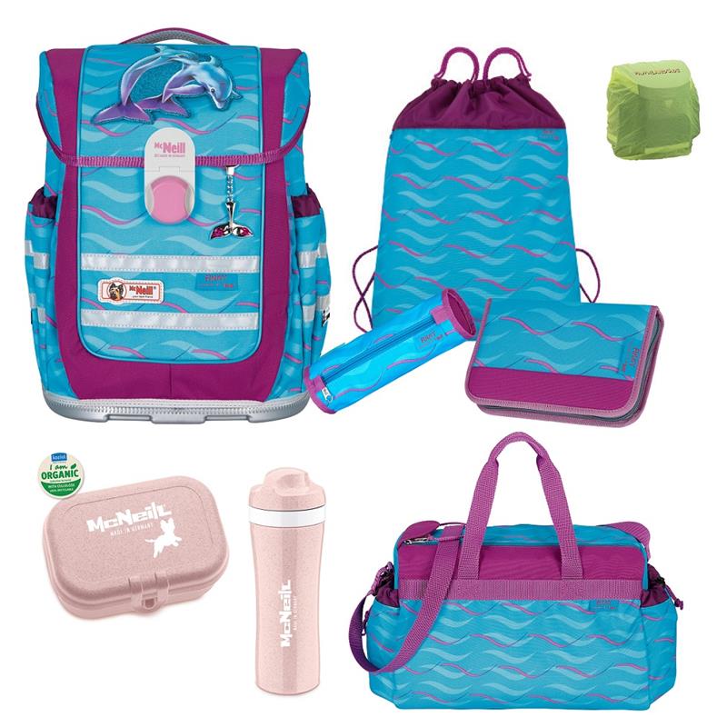 McNeill Ergo Complete Schulranzen Set FINNY Delfin · Ergonomisch, große Schultasche 20 Liter · Brust-, Schultergurt & Rückenbett verstellbar