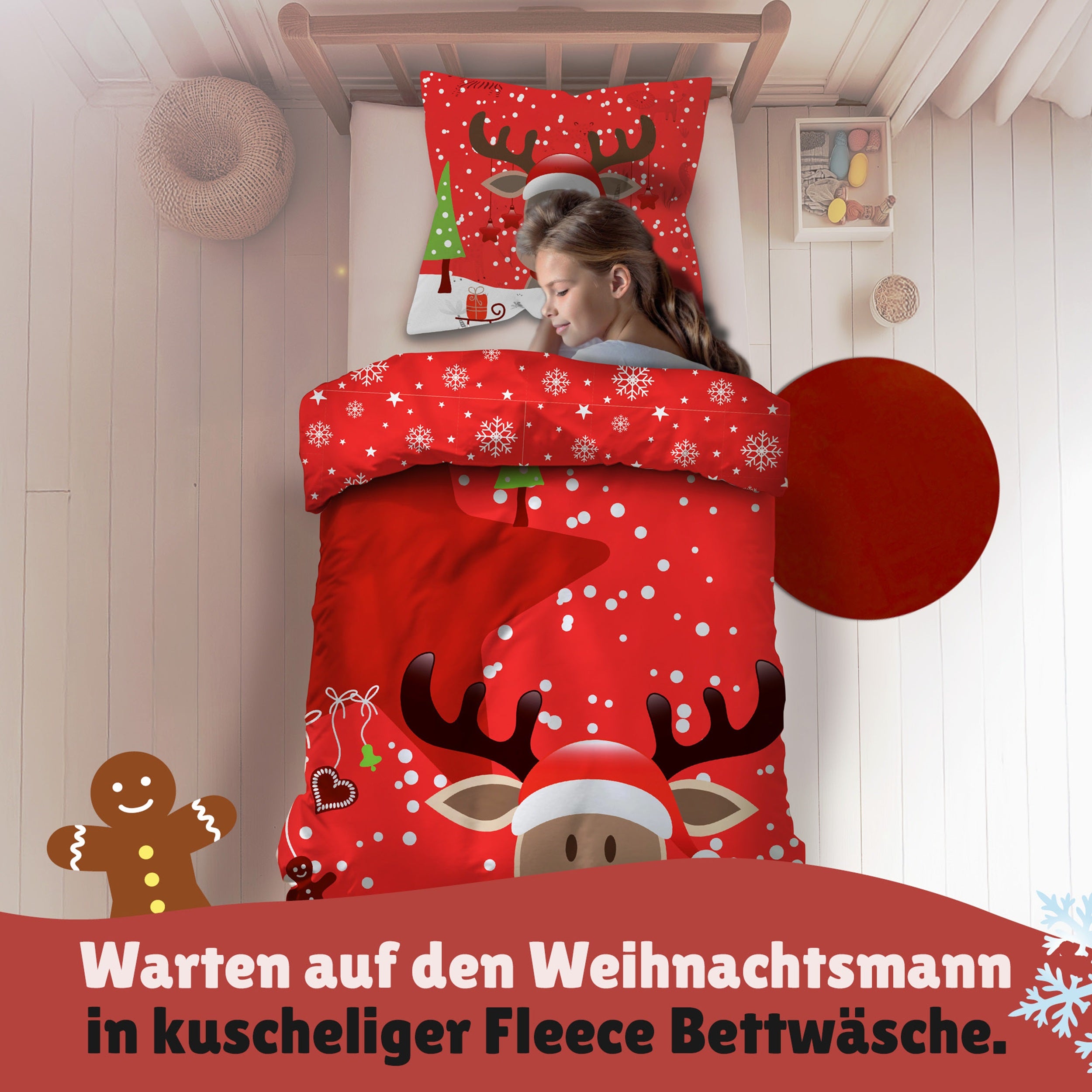 Mädchen schläft selig im Bett mit Rentier Bettwäsche Vorderseite