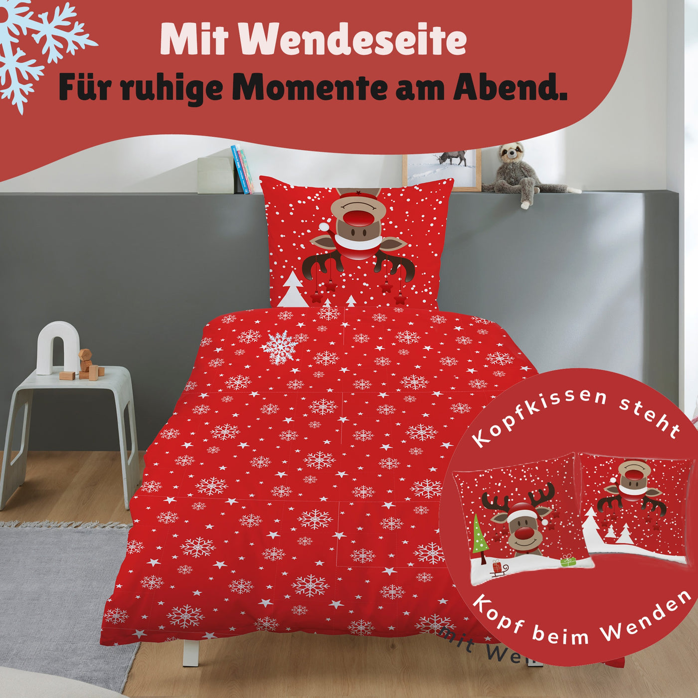 Wendeseite mit Muster aus Schneeflocken auf Bett gezogen