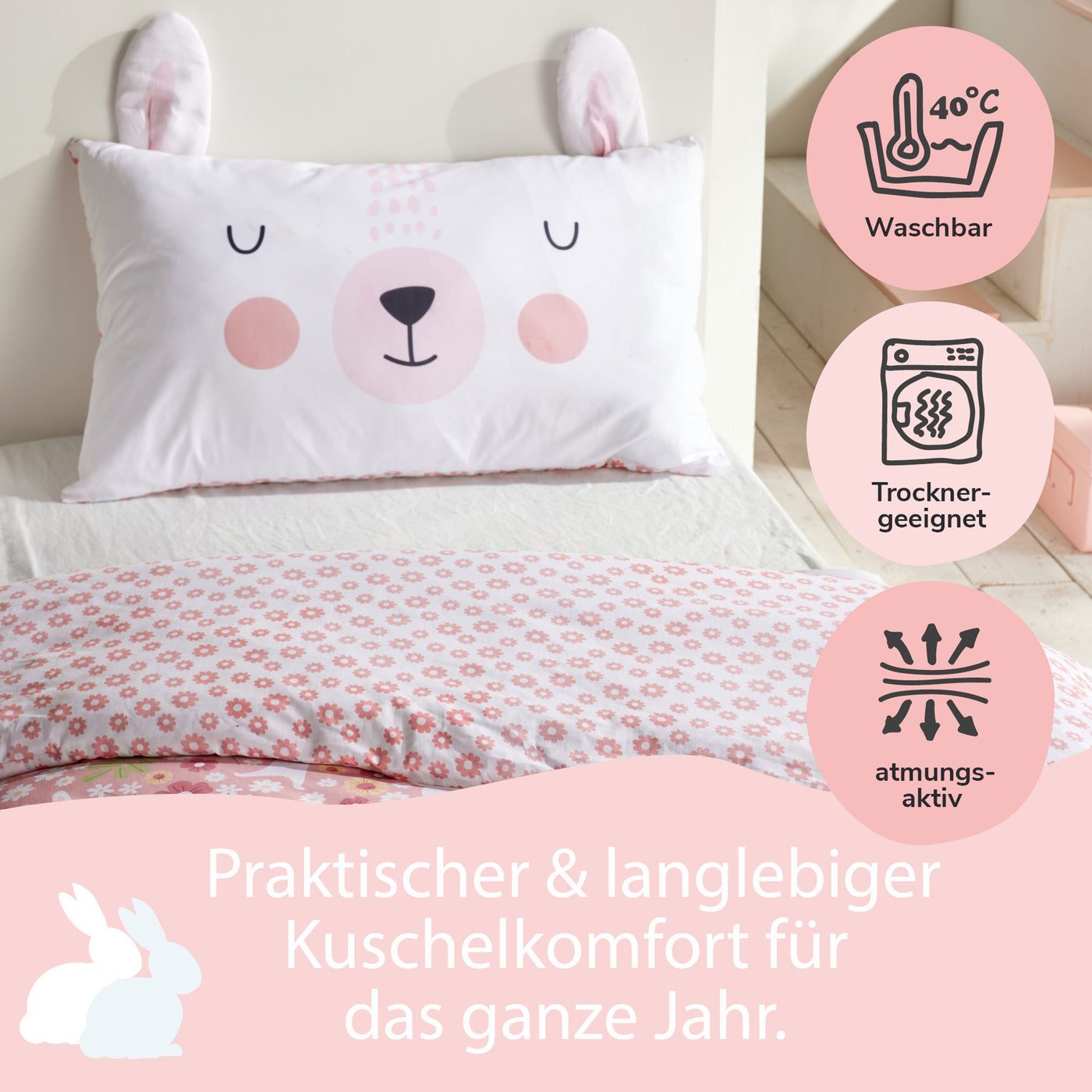 Infotafel Pflege Maschinenwäsche und Trocknergeeignet und Reißverschluss an der Bettwäsche