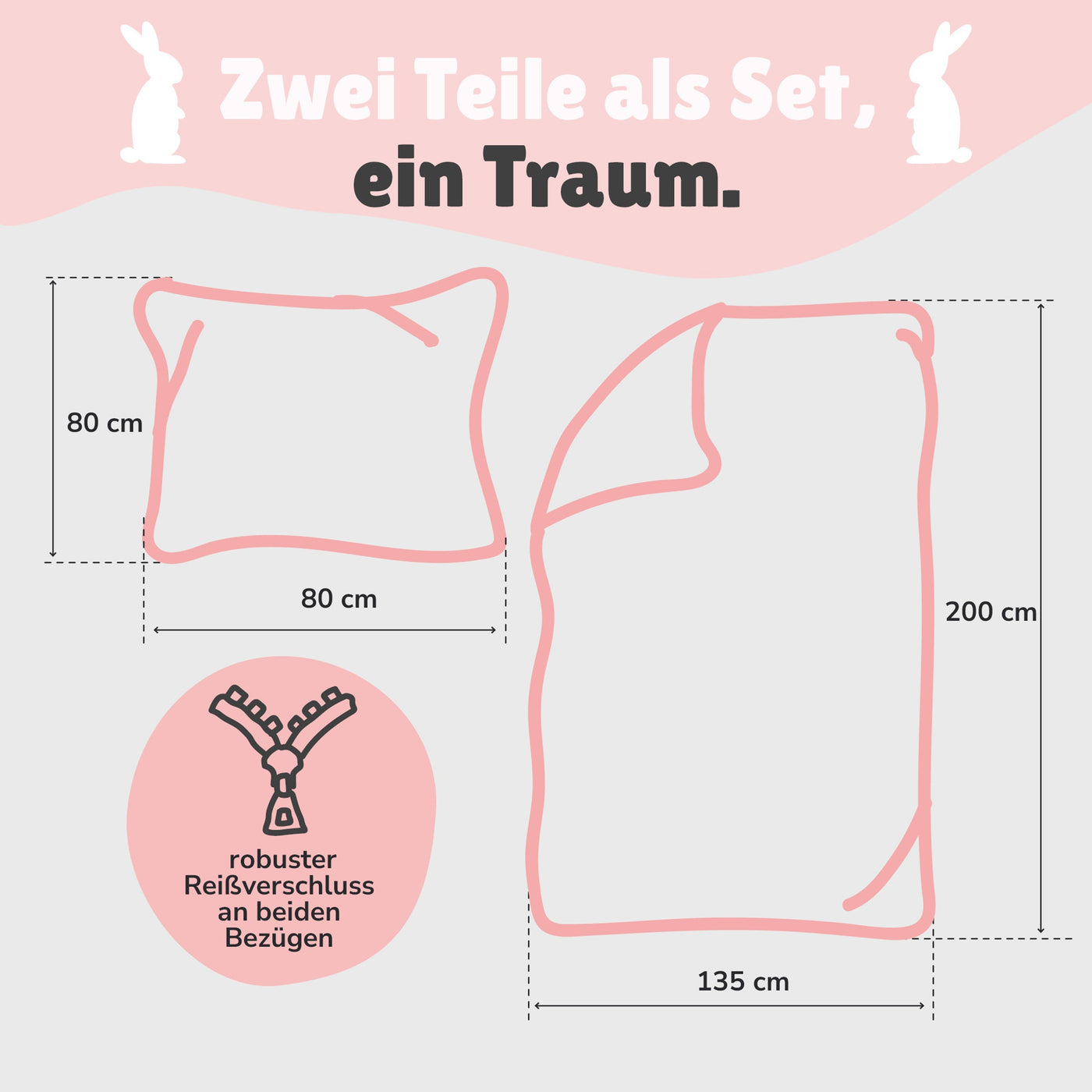 Infotafel Lieferumfang des 2-teiligen Sets bestehend aus Deckenbezug 135x200 cm und Kissenbezug 80x80 cm