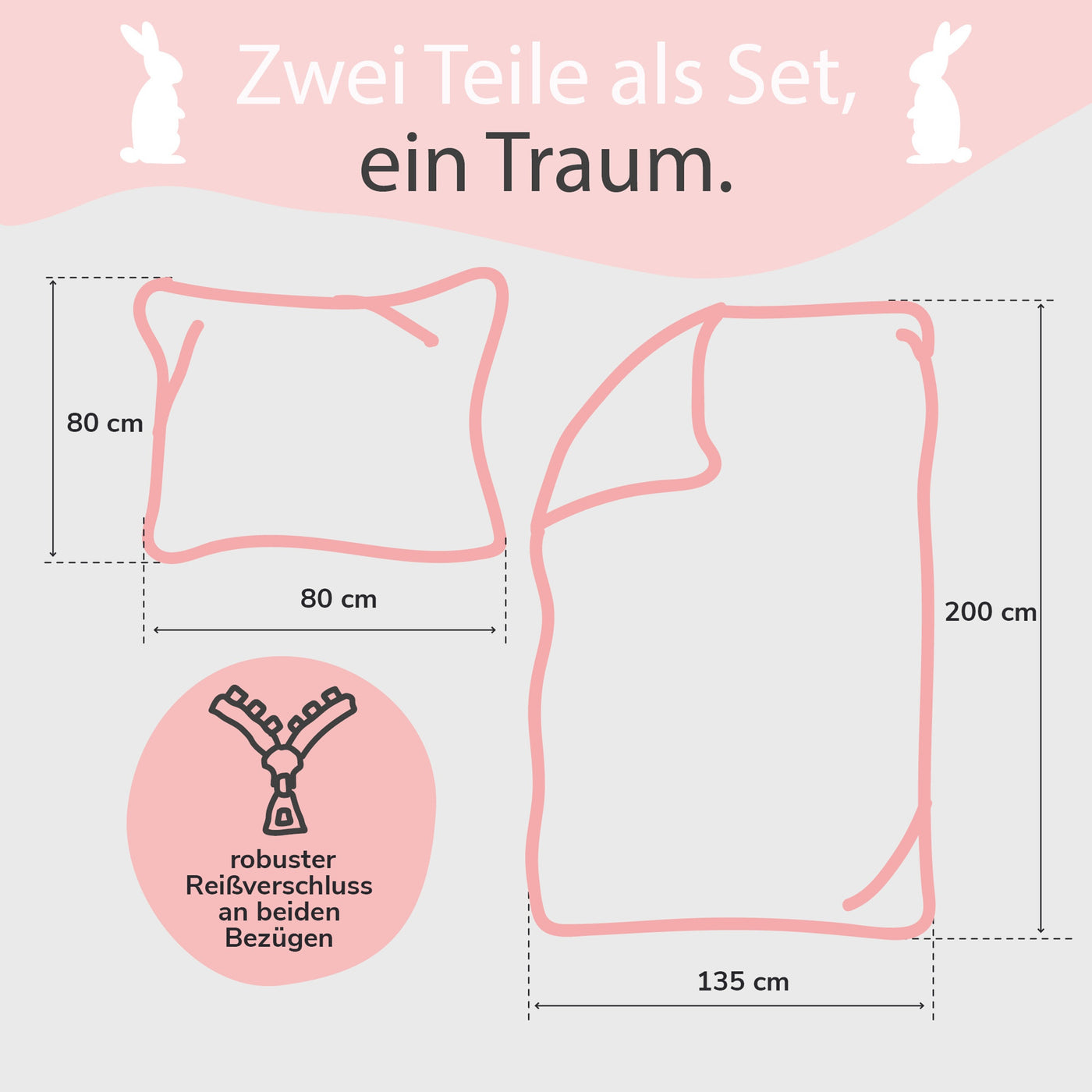Infotafel Lieferumfang des 2-teiligen Sets bestehend aus Deckenbezug 135x200 cm und Kissenbezug 80x80 cm