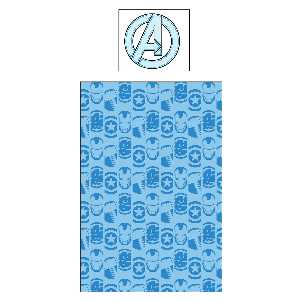 Rückseite der Avengers Bettwäsche blau gemustert mit Iron Man Helmen, Cpt. America Schild, Thor Hammer und Hulk Faust
