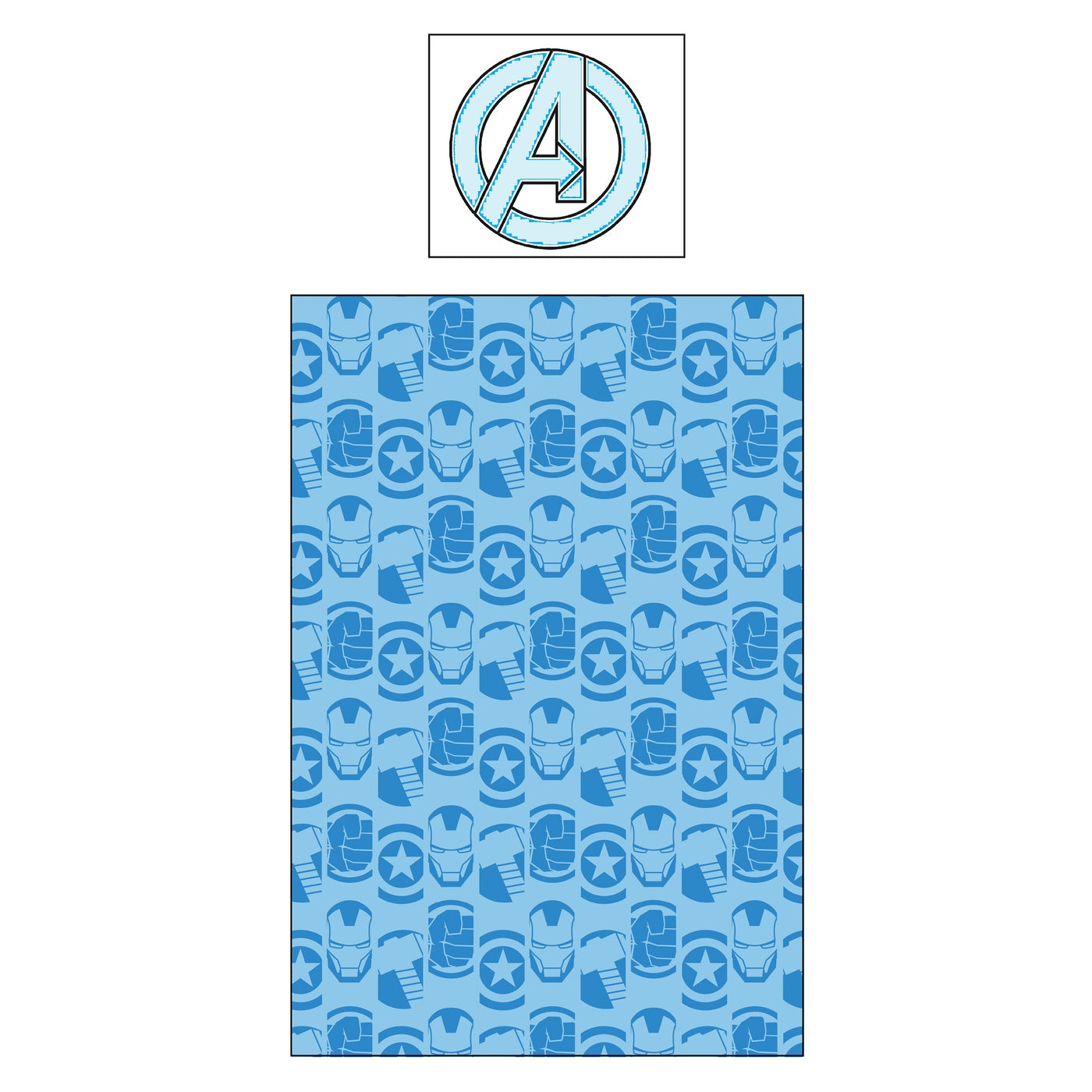 Rückseite der Avengers Bettwäsche blau gemustert mit Iron Man Helmen, Cpt. America Schild, Thor Hammer und Hulk Faust