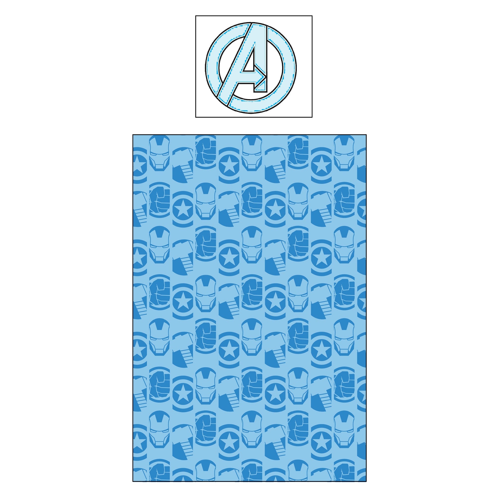 Rückseite der Avengers Bettwäsche blau gemustert mit Iron Man Helmen, Cpt. America Schild, Thor Hammer und Hulk Faust