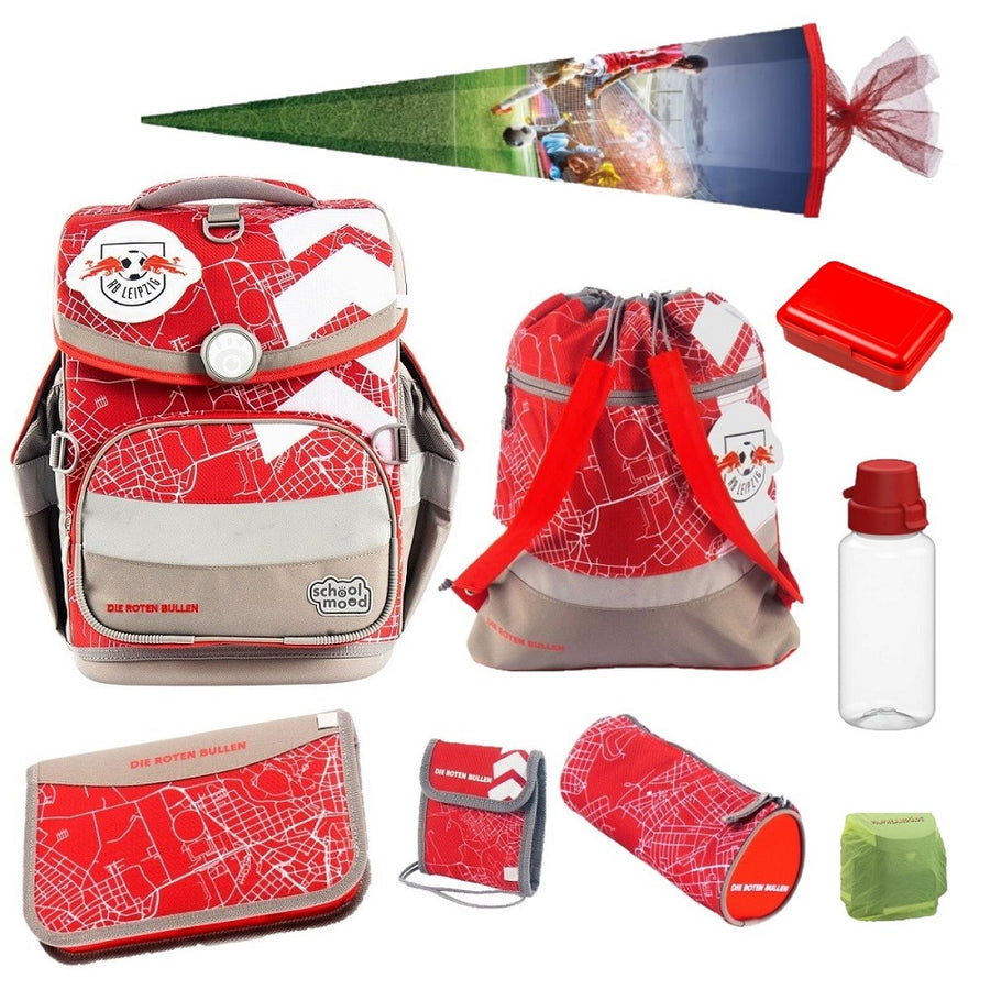RB Leipzig Schulranzen rot mit Zubehör Federmappe, Turn- und Geldbeutel, Schlamperrolle, Patchy, Dose, Flasche, Regenschutz und Schultüte 85 cm