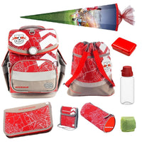 RB Leipzig Schulranzen rot mit Zubehör Federmappe, Turn- und Geldbeutel, Schlamperrolle, Patchy, Dose, Flasche, Regenschutz und Schultüte 85 cm