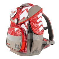 iRoter Fußball Schulranzen für Jungen im RB Leipzig Stil Ansicht schräg vorne mit Seitenfächern und Fronttasche