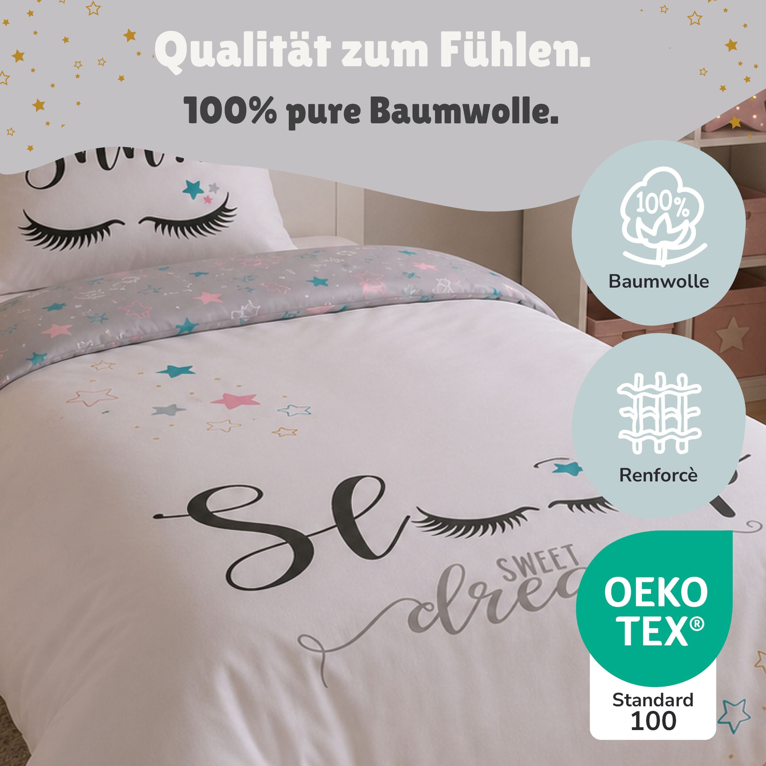Sweet Dreams Bettwäsche 135x200 | 100% Baumwolle | Sleep Lashes Wimpern Sterne Bettwäsche für Mädchen (Grau)