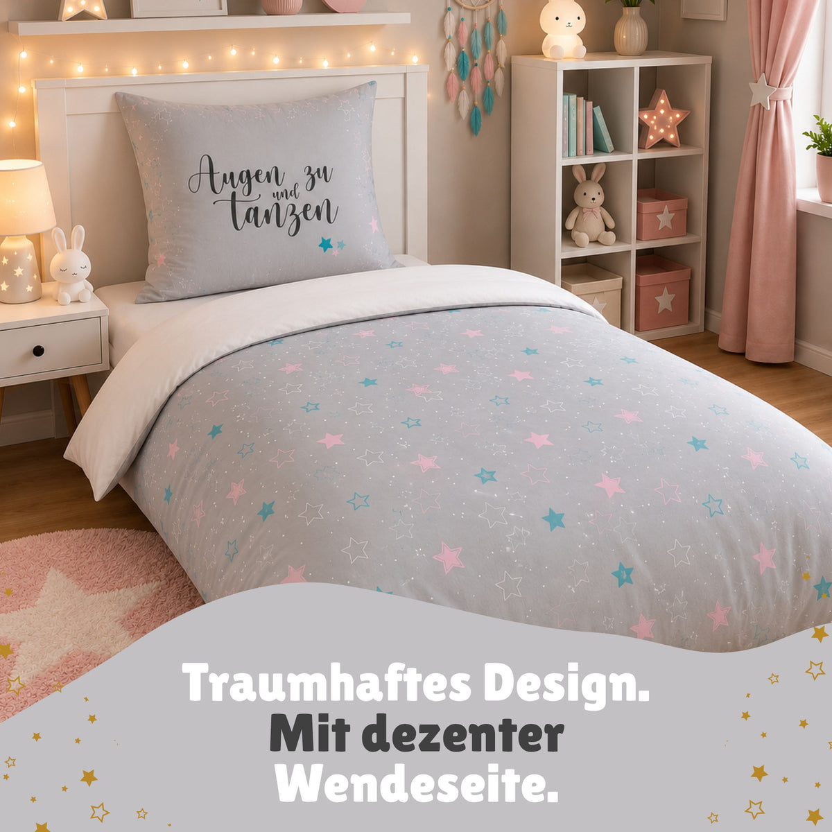 Sweet Dreams Bettwäsche 135x200 | 100% Baumwolle | Sleep Lashes Wimpern Sterne Bettwäsche für Mädchen (Grau)