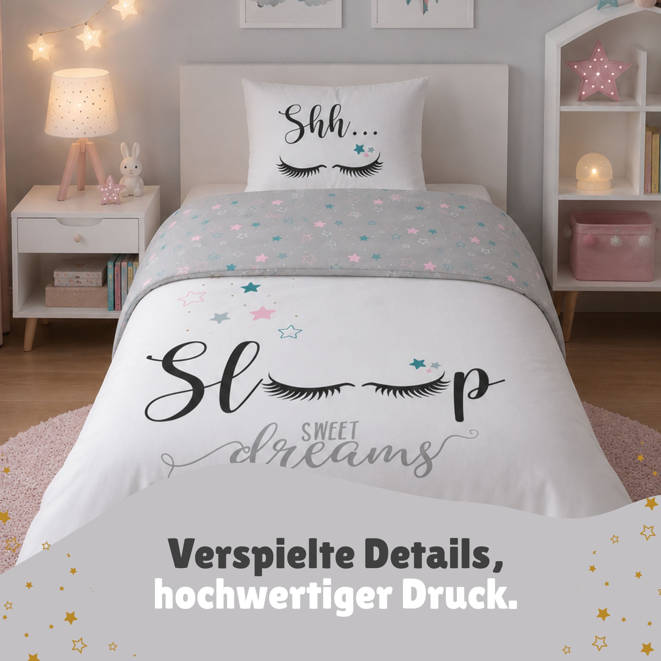 Sweet Dreams Bettwäsche 135x200 | 100% Baumwolle | Sleep Lashes Wimpern Sterne Bettwäsche für Mädchen (Grau)