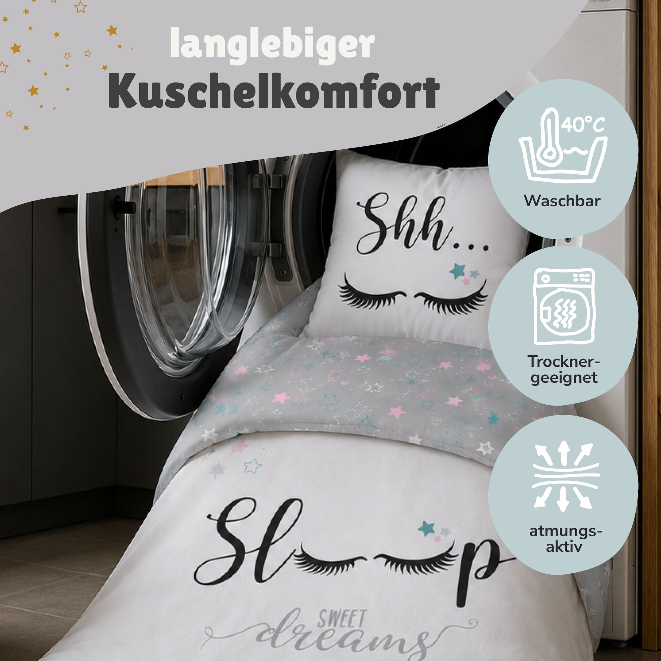 Sweet Dreams Bettwäsche 135x200 | 100% Baumwolle | Sleep Lashes Wimpern Sterne Bettwäsche für Mädchen (Grau)