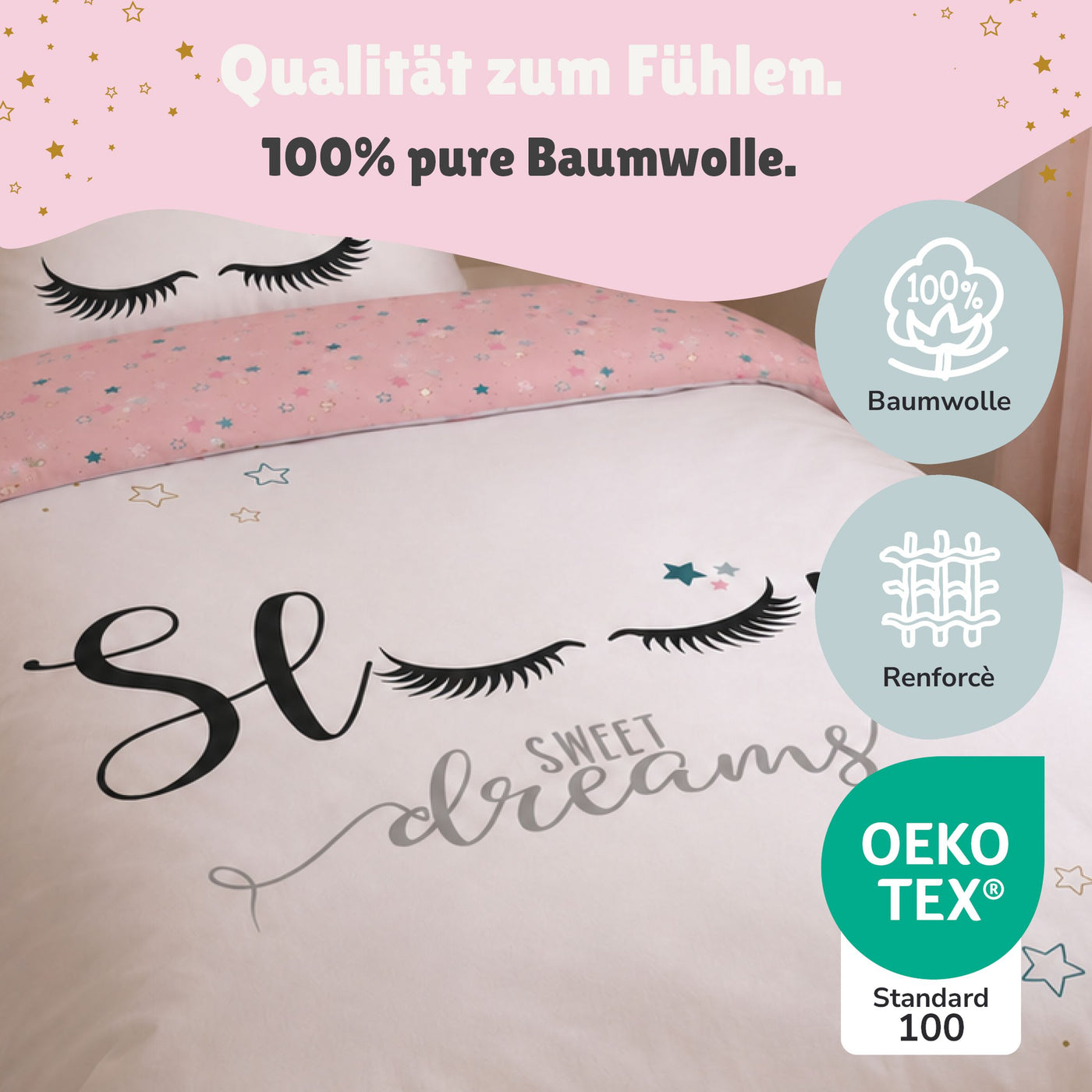 Sweet Dreams Bettwäsche 135x200 | 100% Baumwolle | Sleep Lashes Wimpern Sterne Bettwäsche für Mädchen (Rosa)