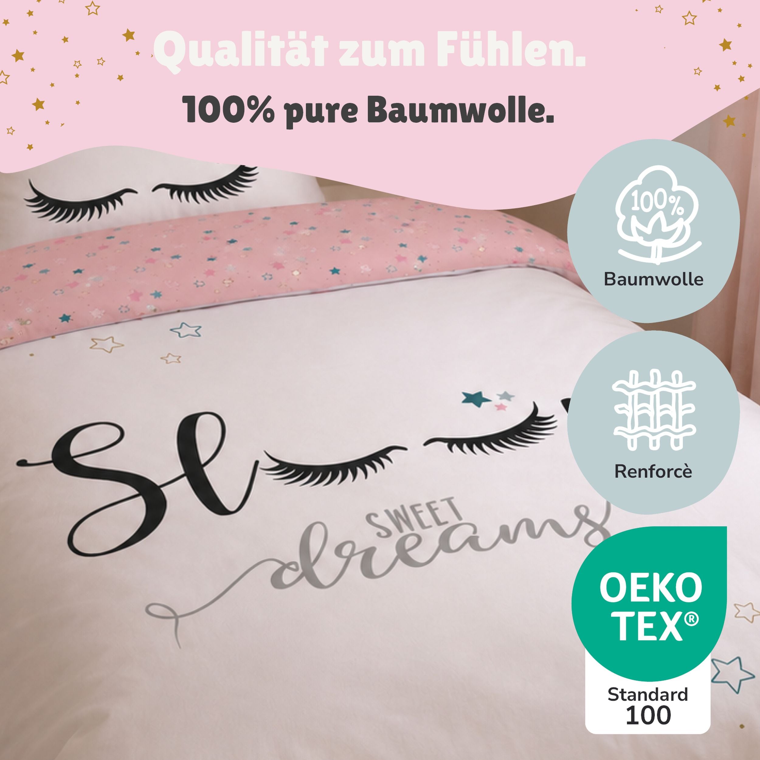 Sweet Dreams Bettwäsche 135x200 | 100% Baumwolle | Sleep Lashes Wimpern Sterne Bettwäsche für Mädchen (Rosa)