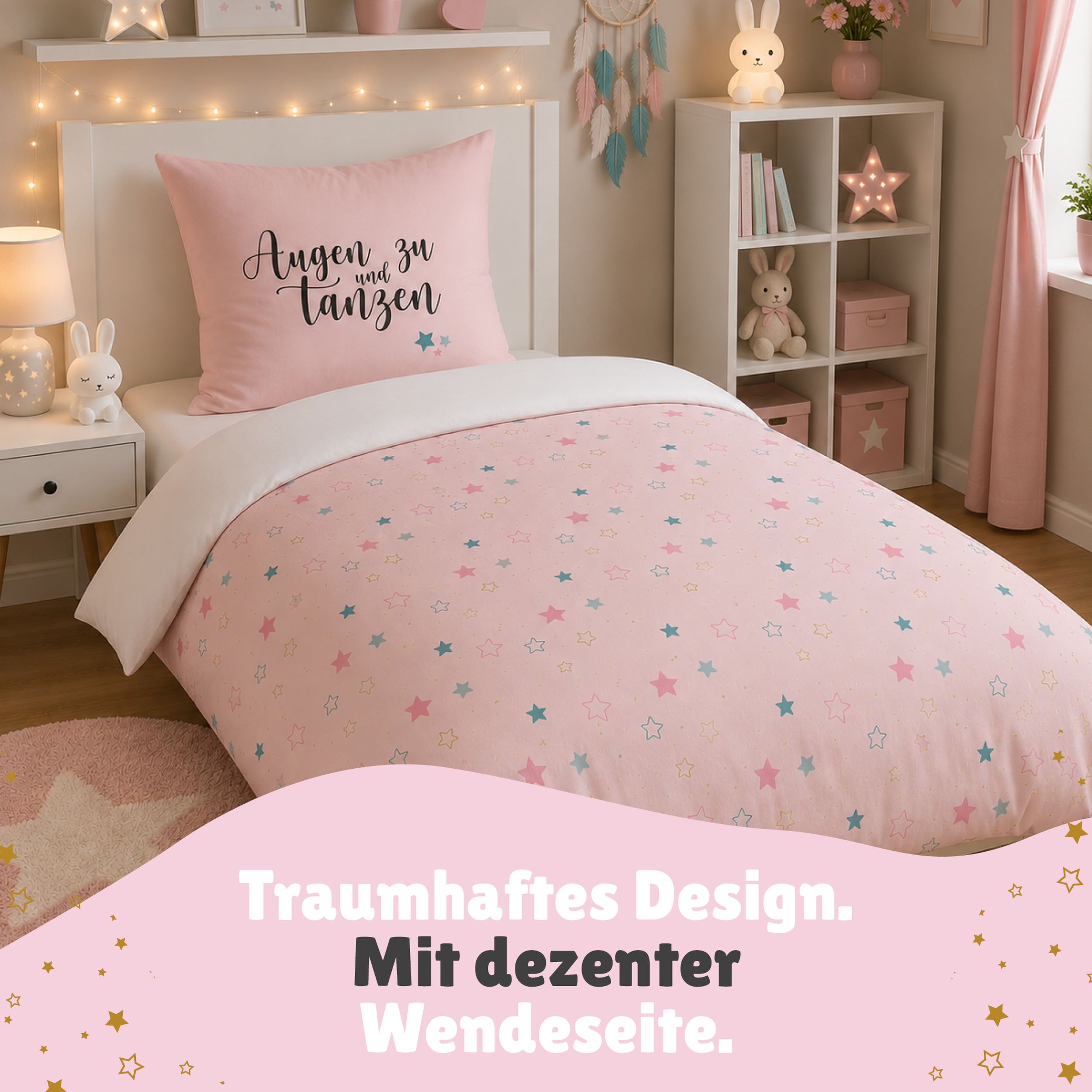 Sweet Dreams Bettwäsche 135x200 | 100% Baumwolle | Sleep Lashes Wimpern Sterne Bettwäsche für Mädchen (Rosa)