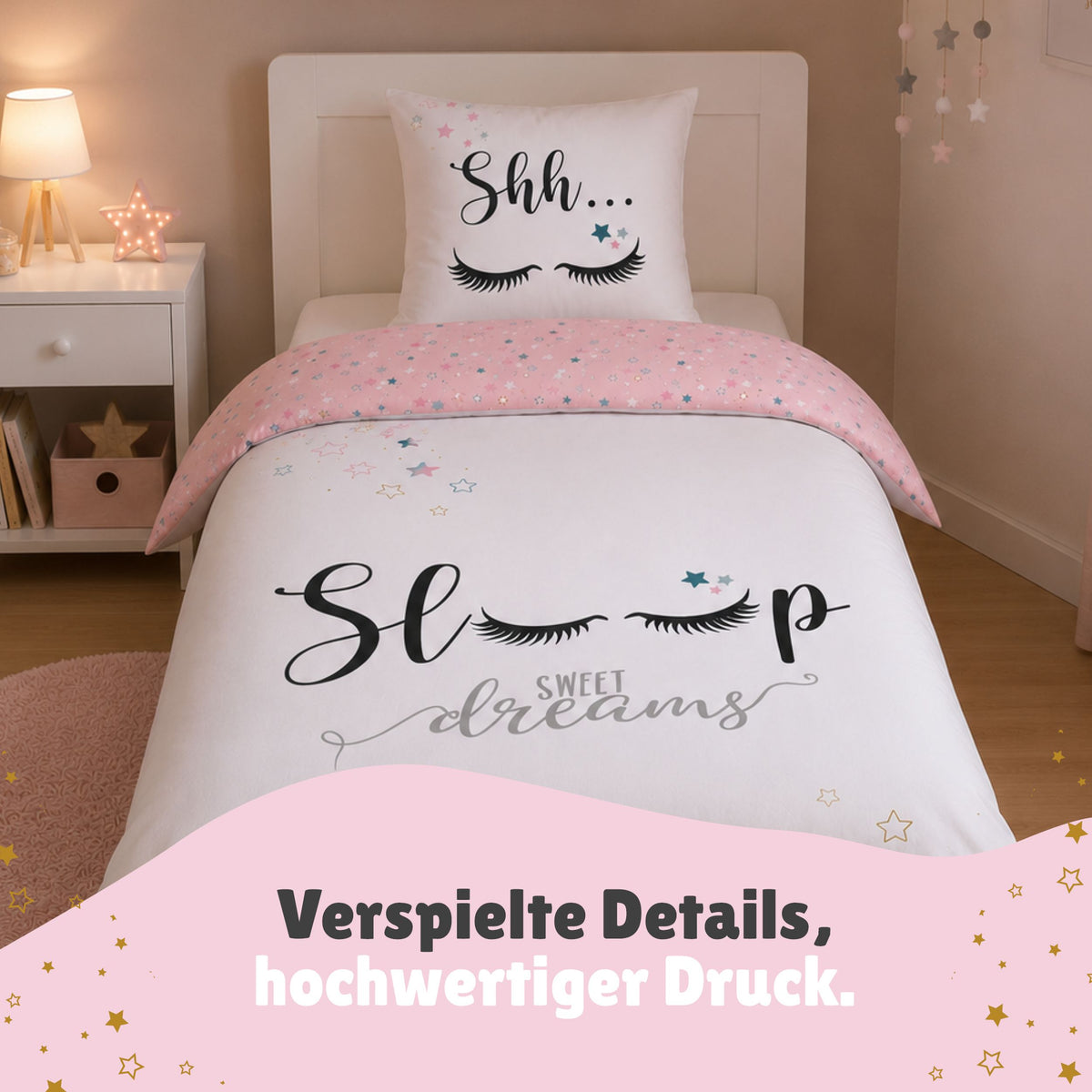 Sweet Dreams Bettwäsche 135x200 | 100% Baumwolle | Sleep Lashes Wimpern Sterne Bettwäsche für Mädchen (Rosa)