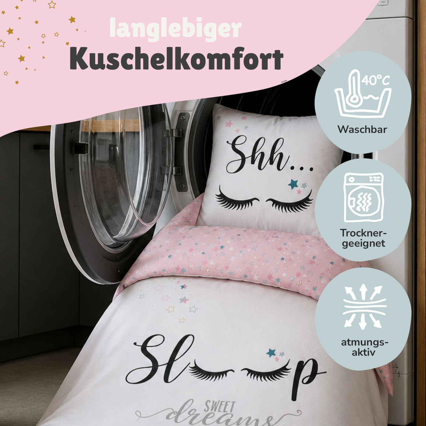 Sweet Dreams Bettwäsche 135x200 | 100% Baumwolle | Sleep Lashes Wimpern Sterne Bettwäsche für Mädchen (Rosa)