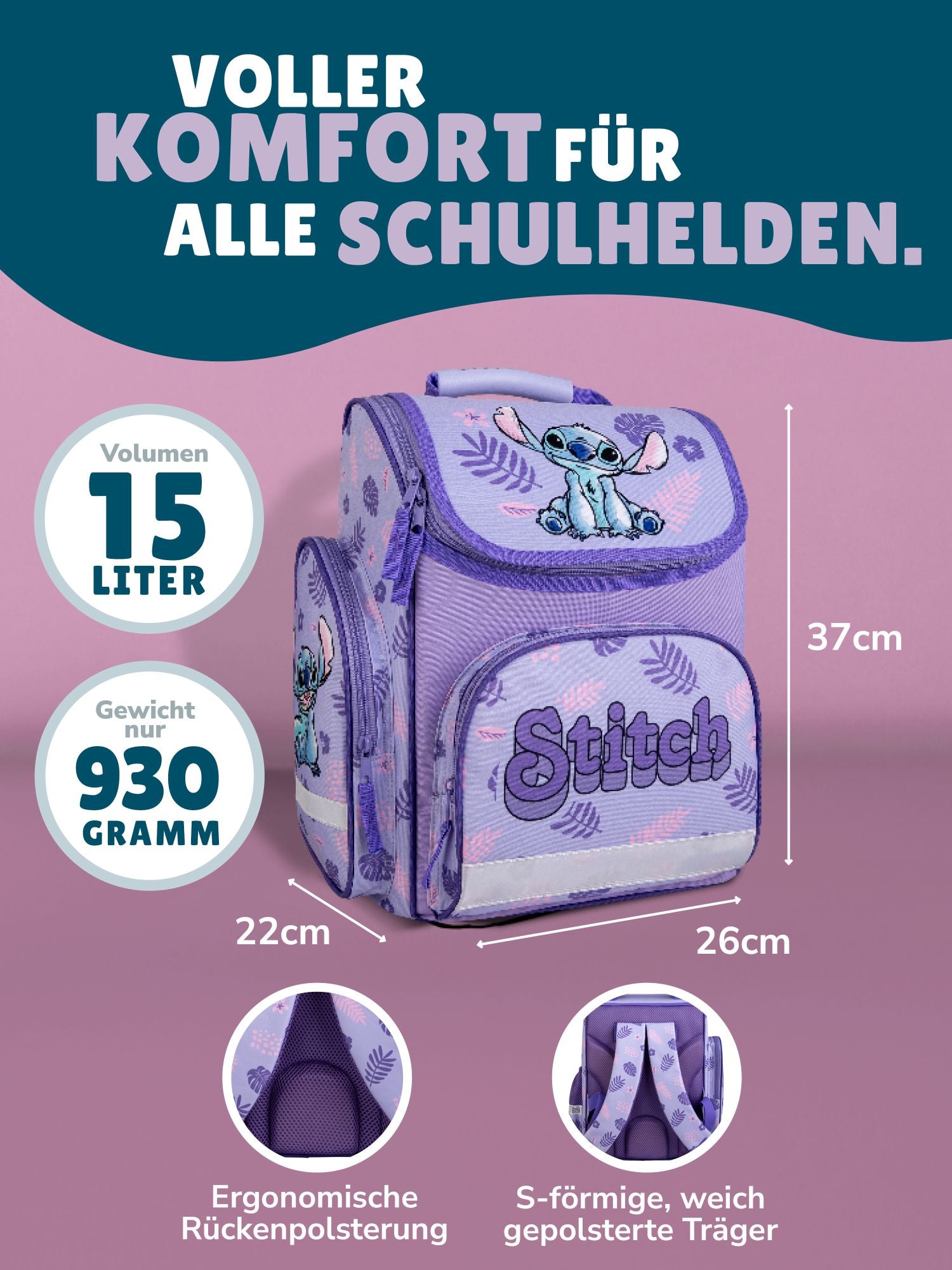 Ansicht Schulranzen Frontal mit Infos zu Volumen 15 Liter, Gewicht 930 Gramm und gepolstertem Rückenbett
