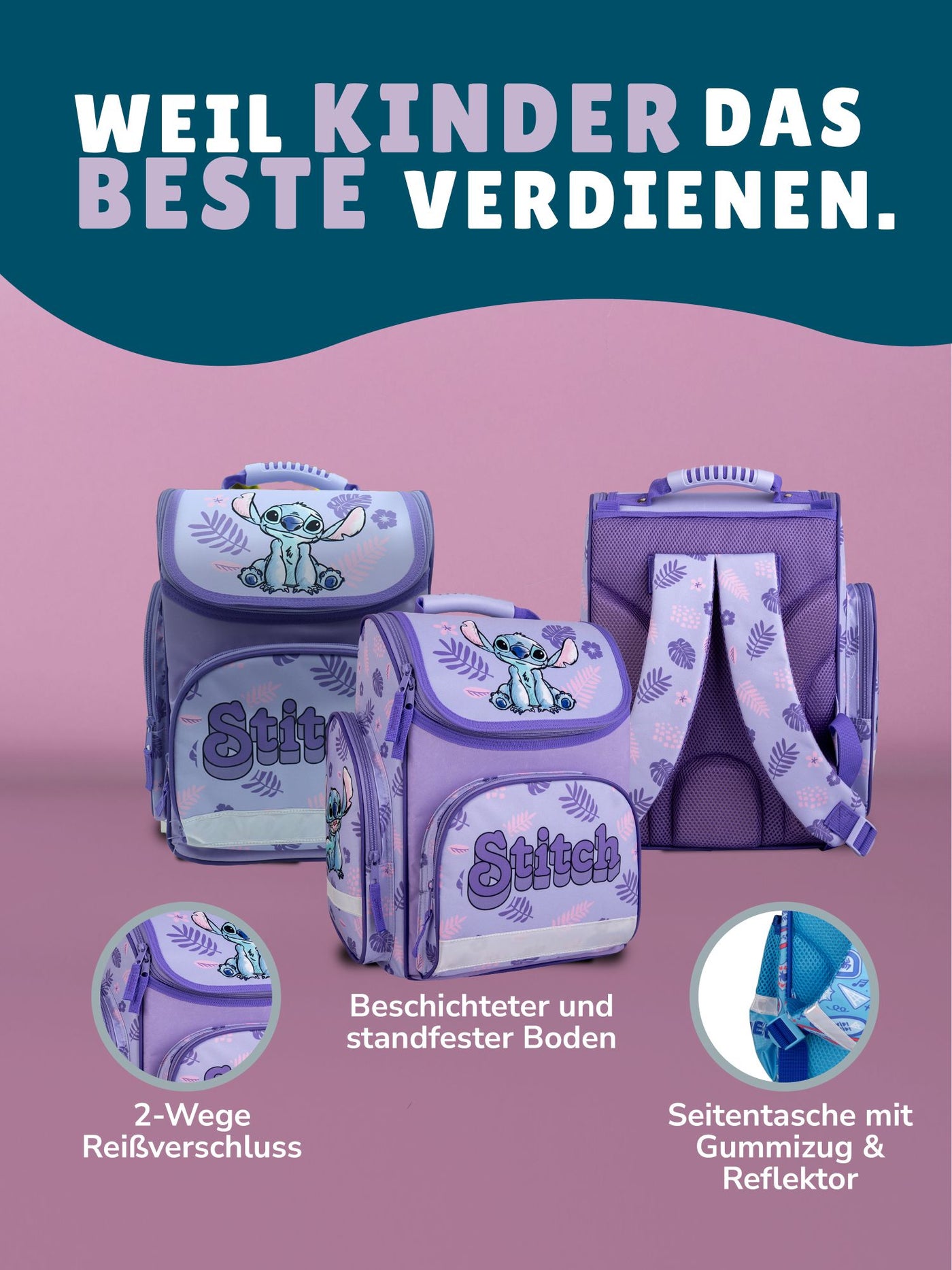 3er Ansicht Schulranzen Front-, Rück- und Unterseite - Infos zum 2-Wege-Reißverschluss und wasserabweisendem Boden