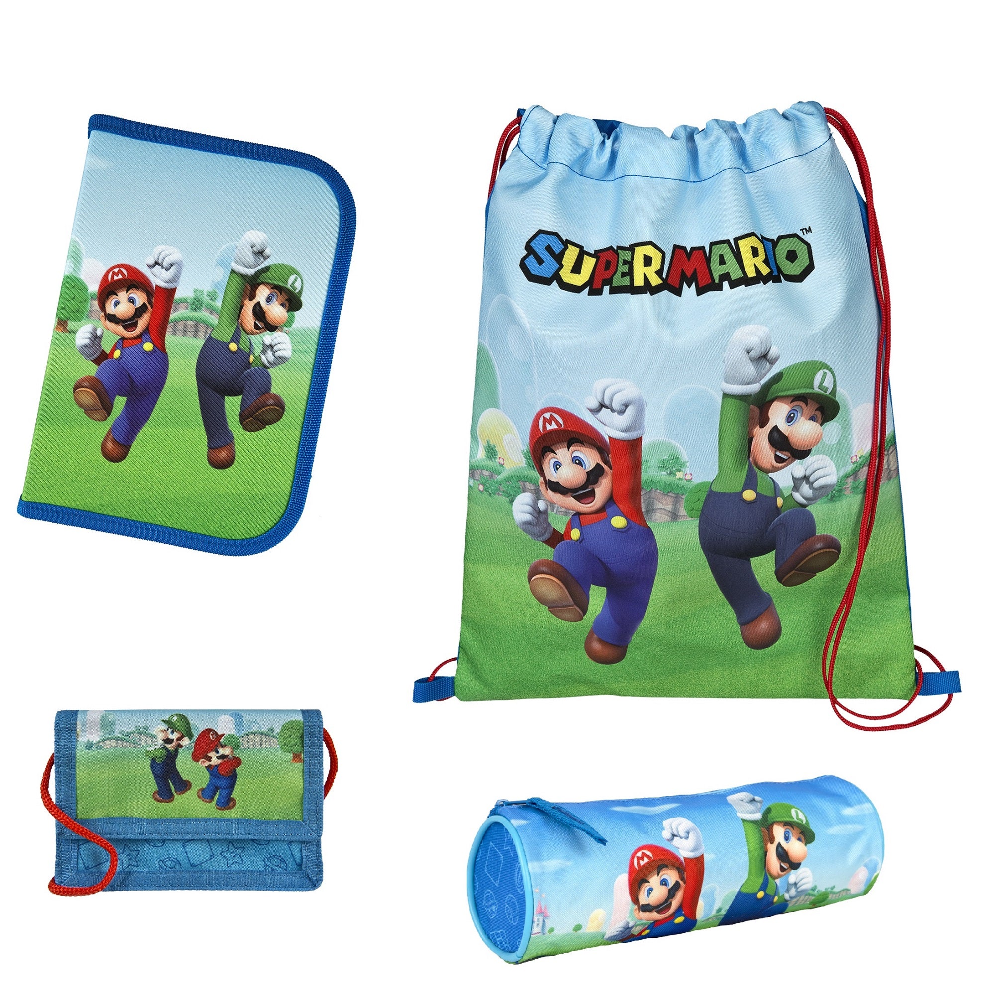 Detailansicht Zubehör Federmappe, Schlamper-Etui, Turn- und Geldbeutel im passenden Super Mario Design
