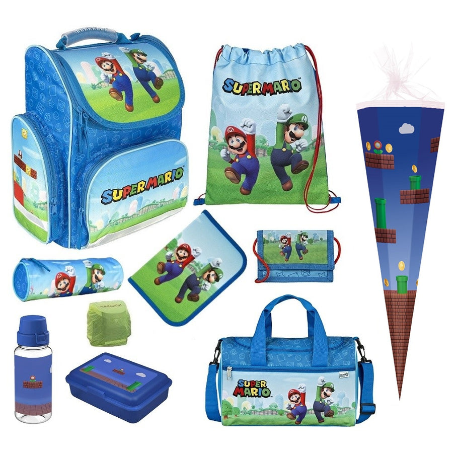 Super Mario Schulranzen für Jungen im 5-teiligen Grundset mit Federmappe Turnbeutel Geldbeutel und Schlamperetui