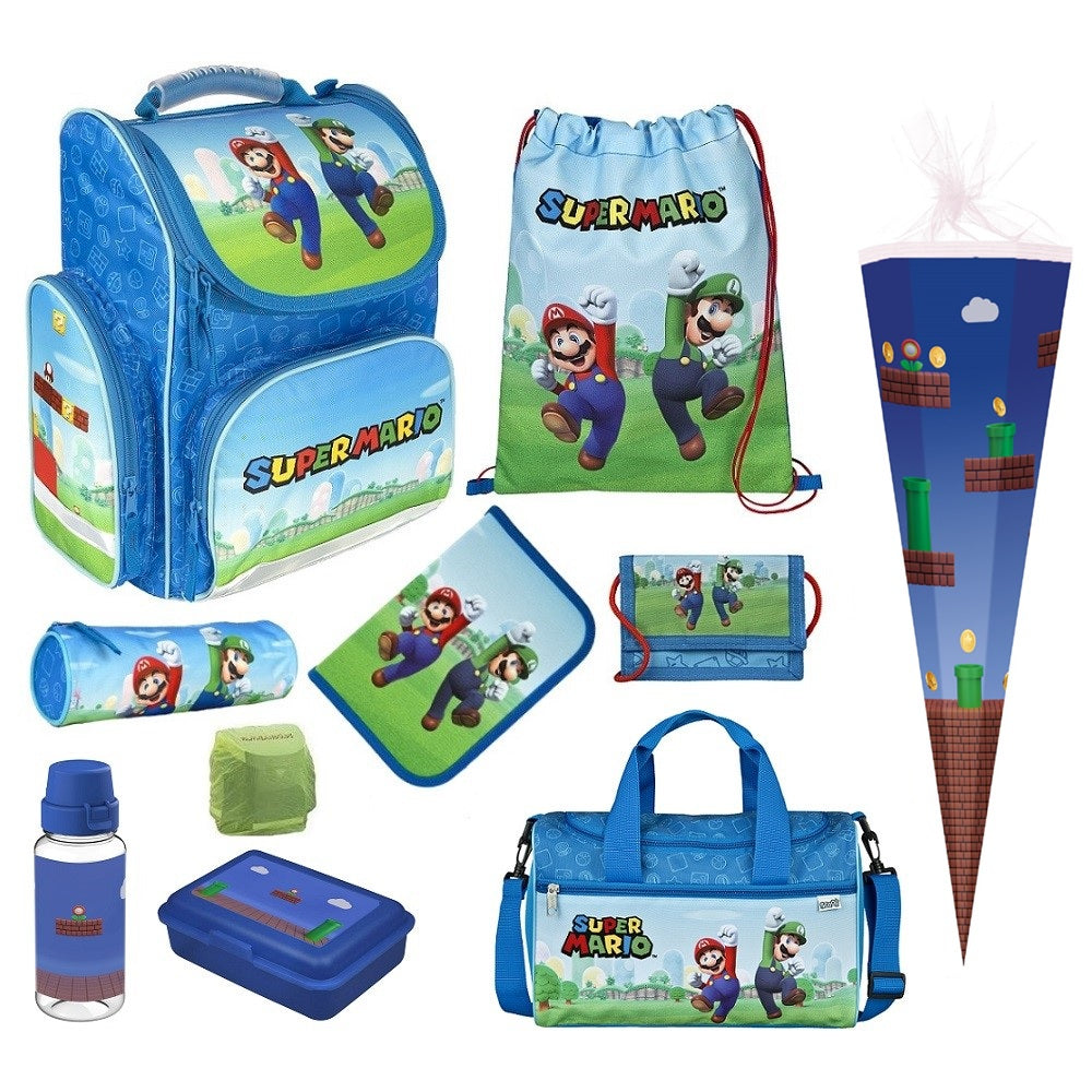 Super Mario Schulranzen für Jungen im 5-teiligen Grundset mit Federmappe Turnbeutel Geldbeutel und Schlamperetui