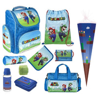 Super Mario Schulranzen für Jungen im 5-teiligen Grundset mit Federmappe Turnbeutel Geldbeutel und Schlamperetui