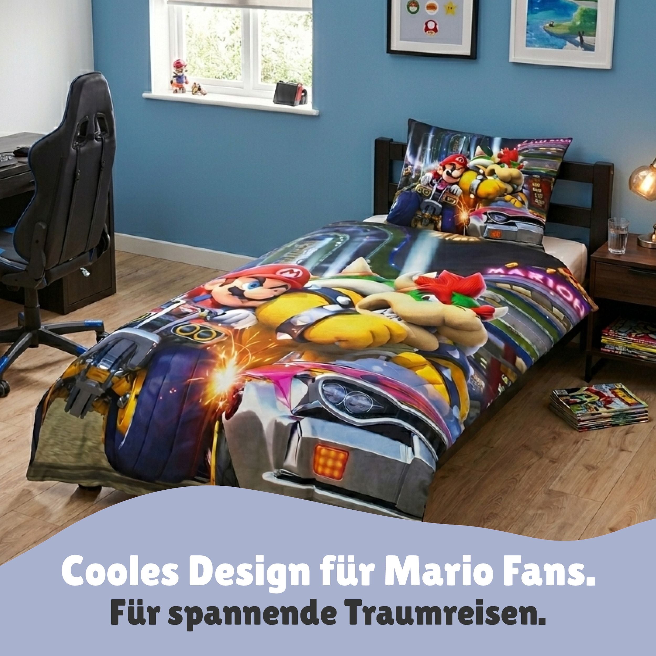 Detailansicht Vorderseite mit Super Mario & Bowser in Karts sitzen im Rennen