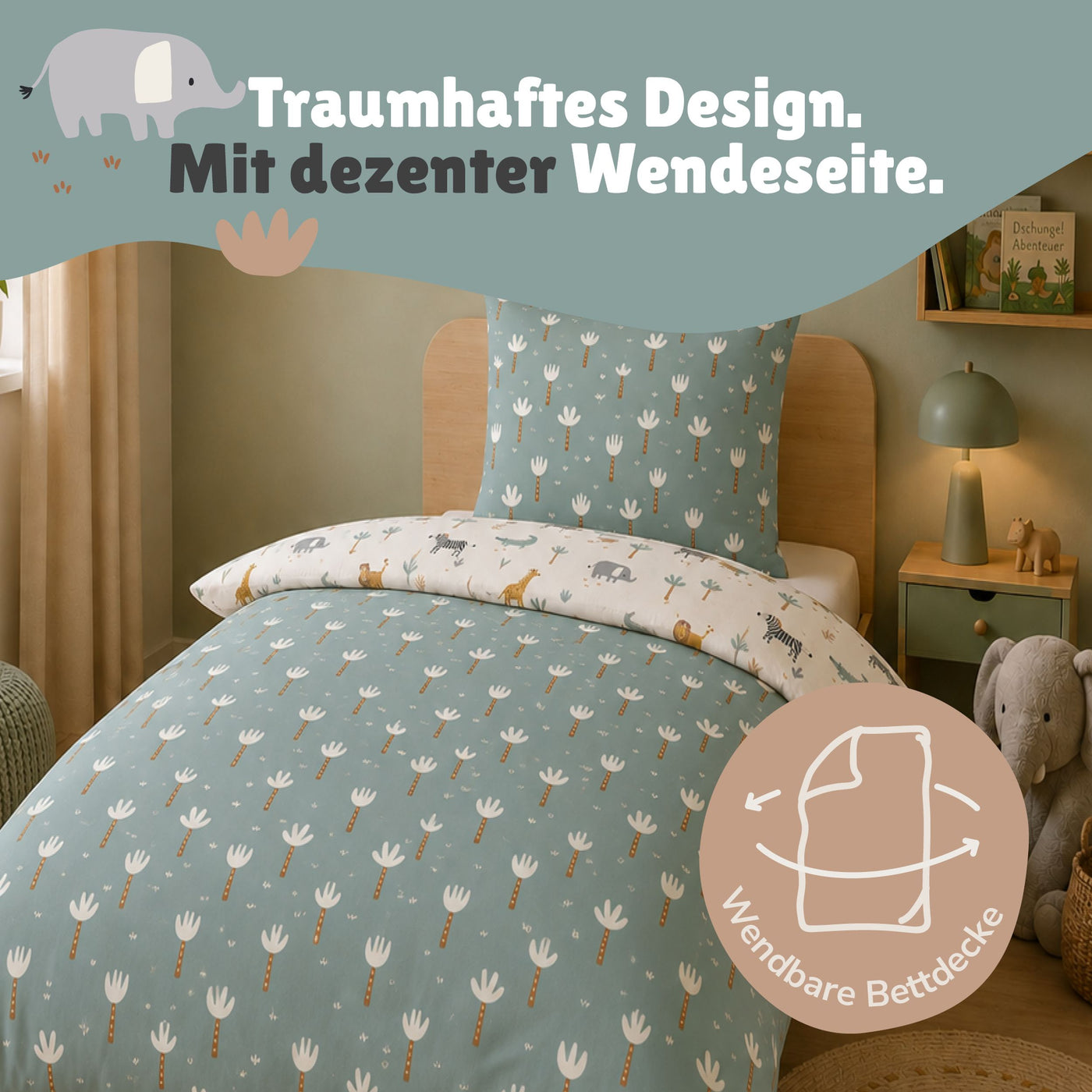 Detailansicht Kopfkissen weiß mit vielen Tieren