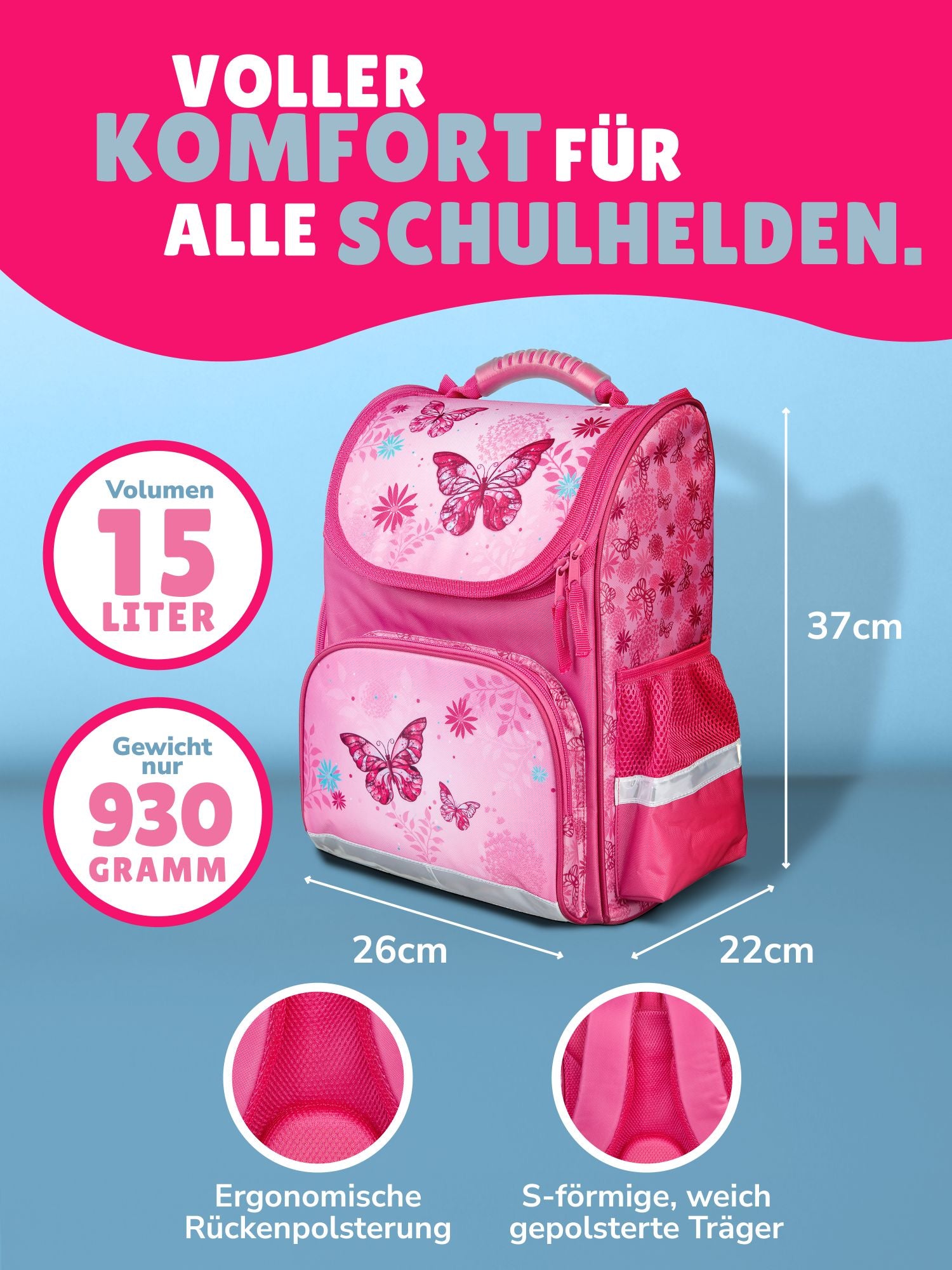 Mädchen Schulranzen 1. Klasse BUTTERFLY SCHMETTERLINGE 9-teiliges Set mit Sporttasche