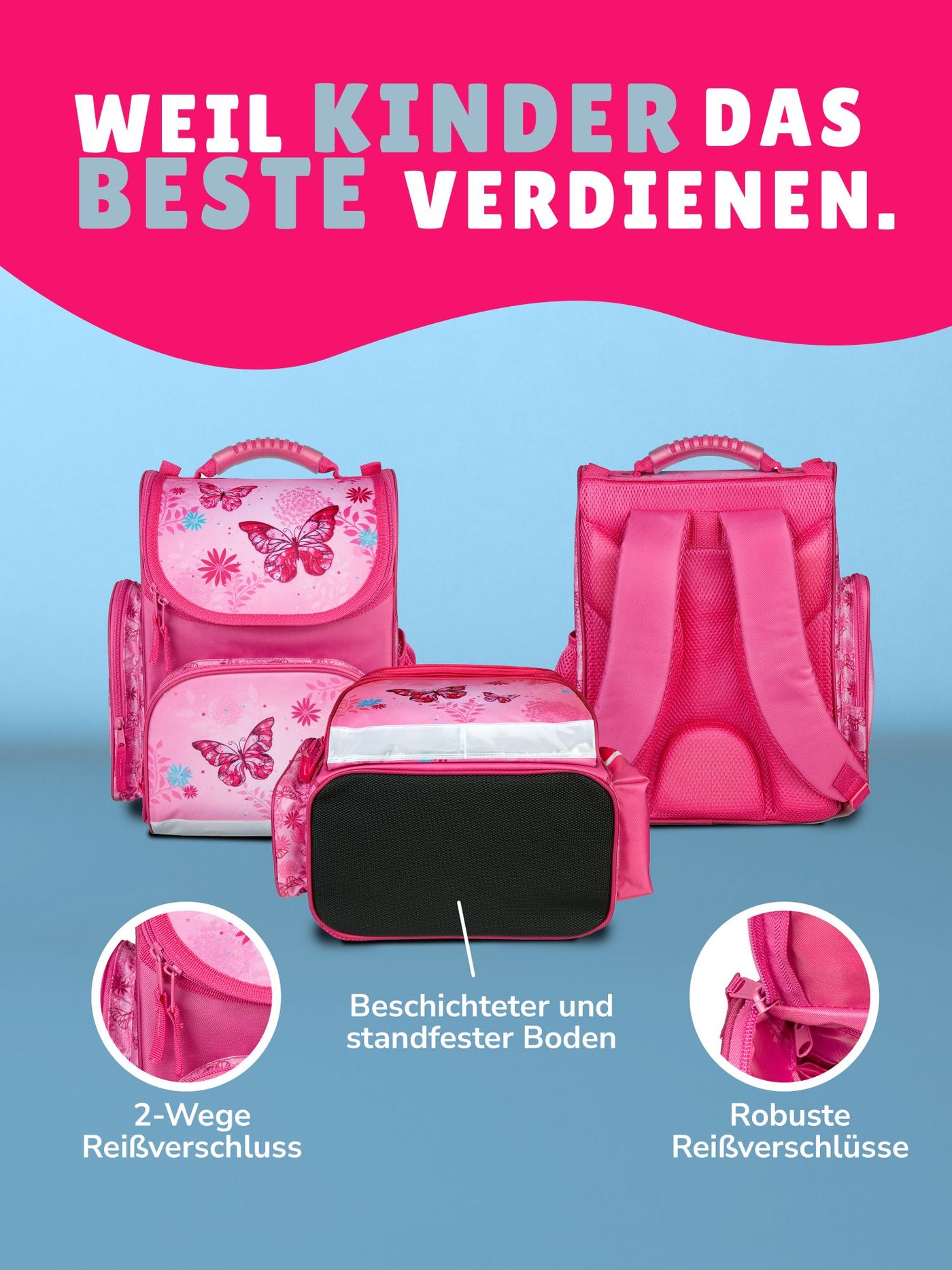 3er Ansicht Schulranzen Front- Rück- und Unterseite - Info zum Reißverschluss am Hauptfach 