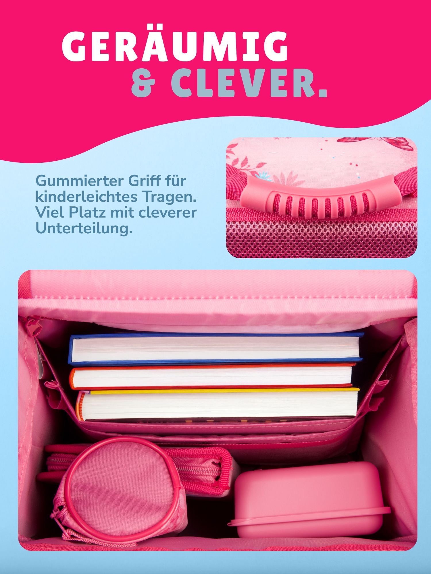 Innenansicht Schulranzen mit rosa Futter und Organizer Unterteilung