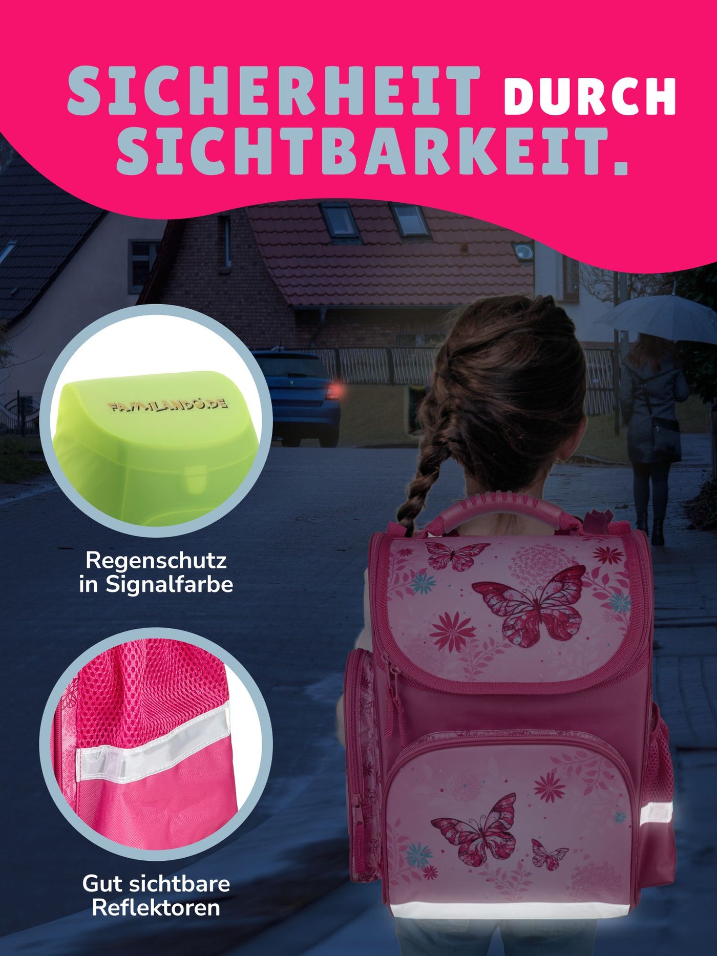Mädchen steht im Dunkeln - zu sehen sind die Reflektoren des Schulranzens
