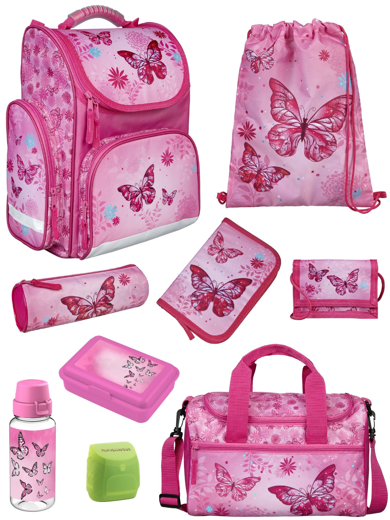 Mädchen Schulranzen 1. Klasse BUTTERFLY SCHMETTERLINGE 9-teiliges Set mit Sporttasche