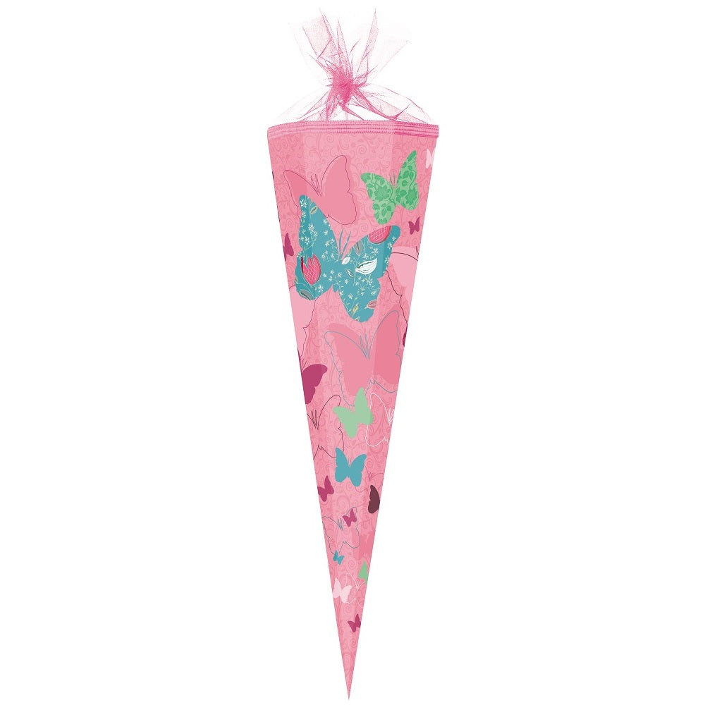 Große Schultüte 85 cm in hell-rosa mit Schmetterling-Motiv und Tüllverschluss passend zum Ranzen