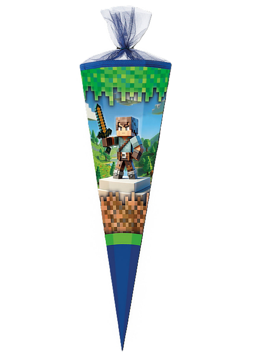 Große Schultüte Pixelwelt Welt GRÜN BLAU passend zu Minecraft - Zuckertüte 85 cm Groß, 6-eckig mit 25 cm Durchmesser Tüllverschluss und Textilborte