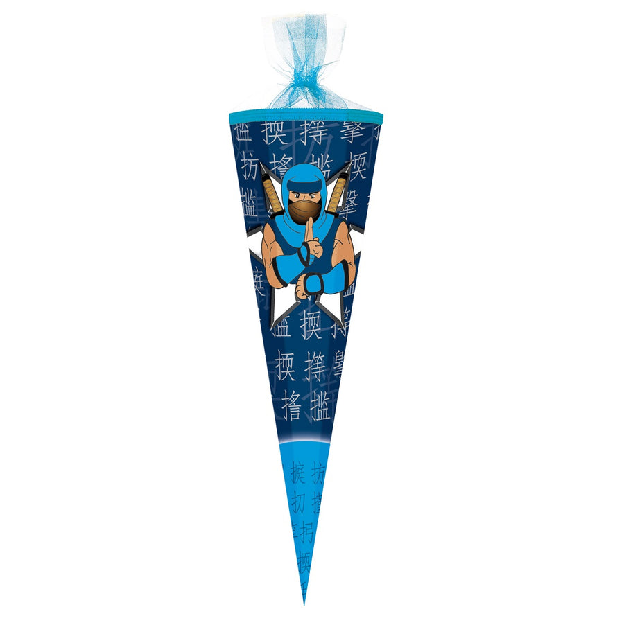 Blau Schultüte mit Ninja Motiv und japanischen Schriftzeichen Größe 85 cm