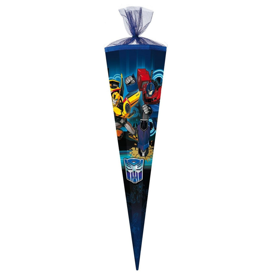 Große Transformers Schultüte 85 cm in dunkelblau mit Optimus Prime Bumblebee und Transformers Logo inkl. Tüllverschluss