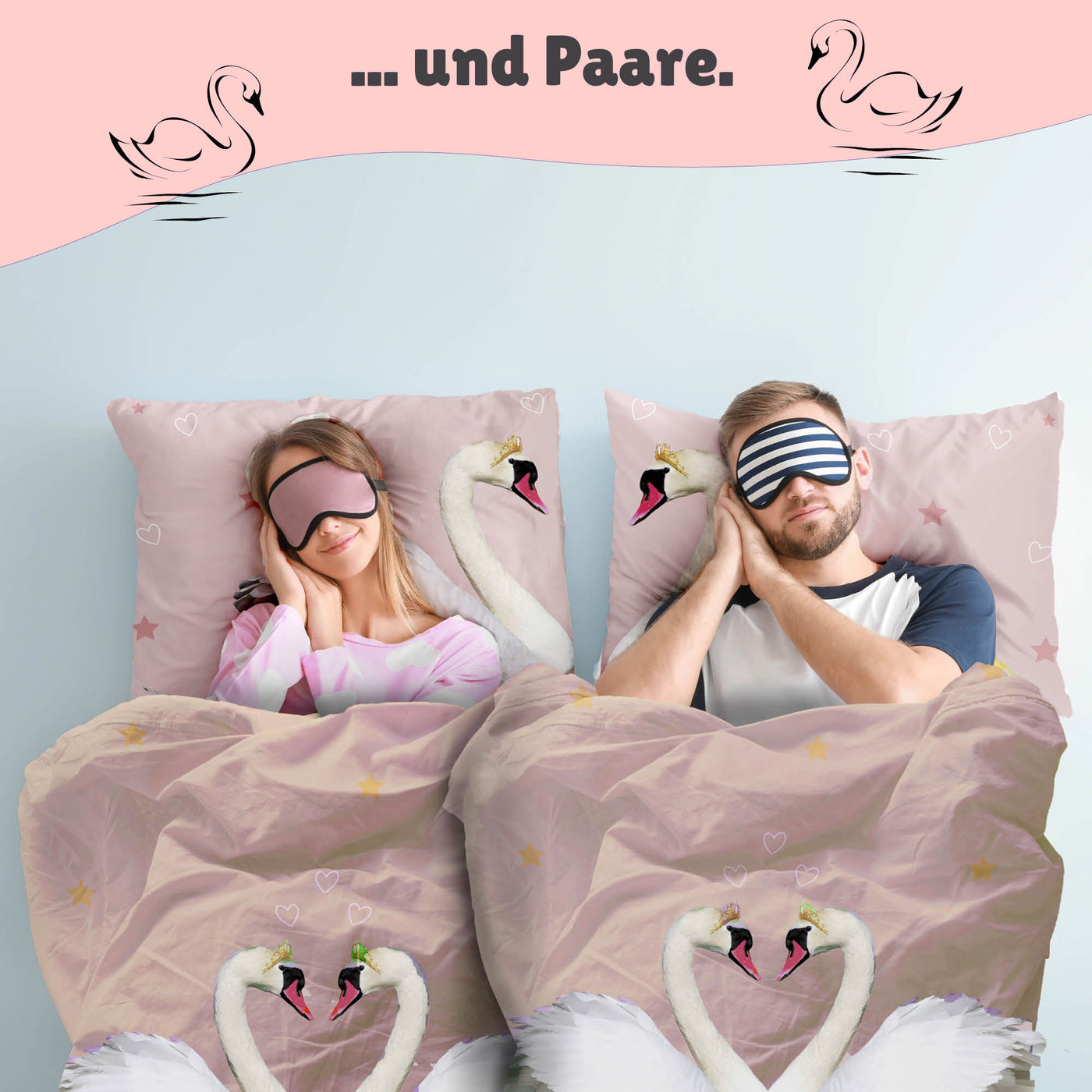Vorderseite Schwan Bettwäsche rosa mit 2 Liebesschwänen