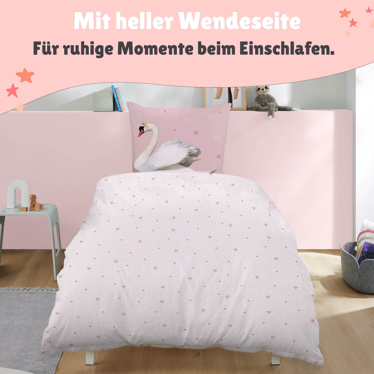 Schwan Bettwäsche Set 2-teilig 135x200 80x80 cm - Partner Bettwäsche aus 100% Baumwolle mit Reißverschluss - Pastell, Rosa, Öko-Tex zertifiziert