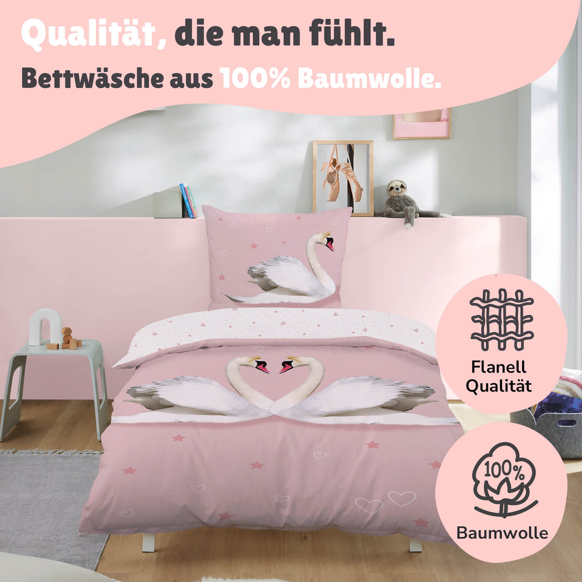 Schwan Bettwäsche Set 2-teilig 135x200 80x80 cm - Partner Bettwäsche aus 100% Baumwolle mit Reißverschluss - Pastell, Rosa, Öko-Tex zertifiziert