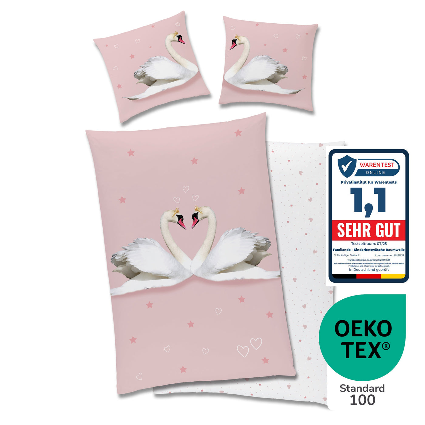 Schwan Bettwäsche Set 135x200 80x80 cm - Partner Bettwäsche aus 100% Baumwolle mit Reißverschluss - Pastell, Rosa, Öko-Tex zertifiziert