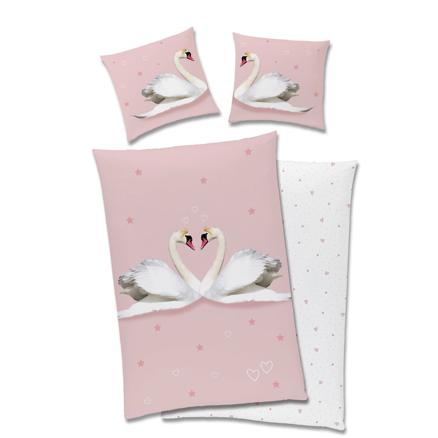 Schwan Bettwäsche Set 2-teilig 135x200 80x80 cm - Partner Bettwäsche aus 100% Baumwolle mit Reißverschluss - Pastell, Rosa, Öko-Tex zertifiziert