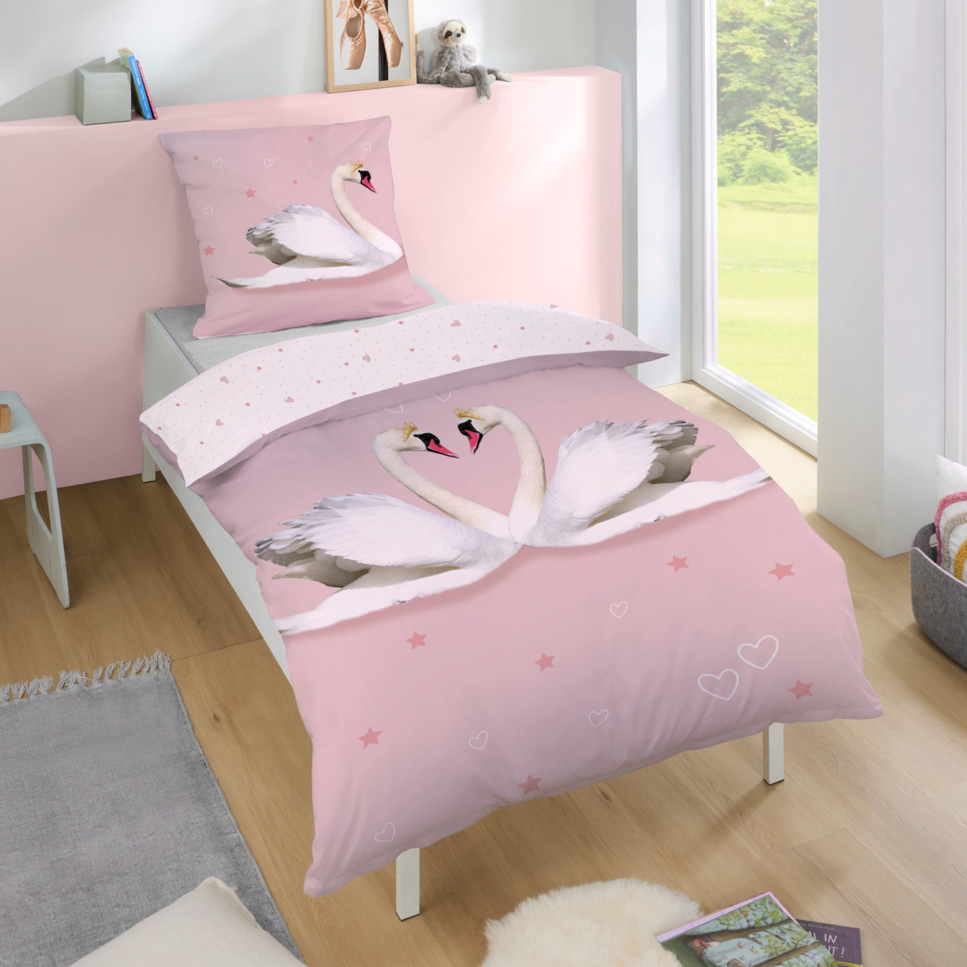 Rosa Bettwäsche mit Schwan-Motiv für Mädchen in Biber Qualität 135x200 + 80x80