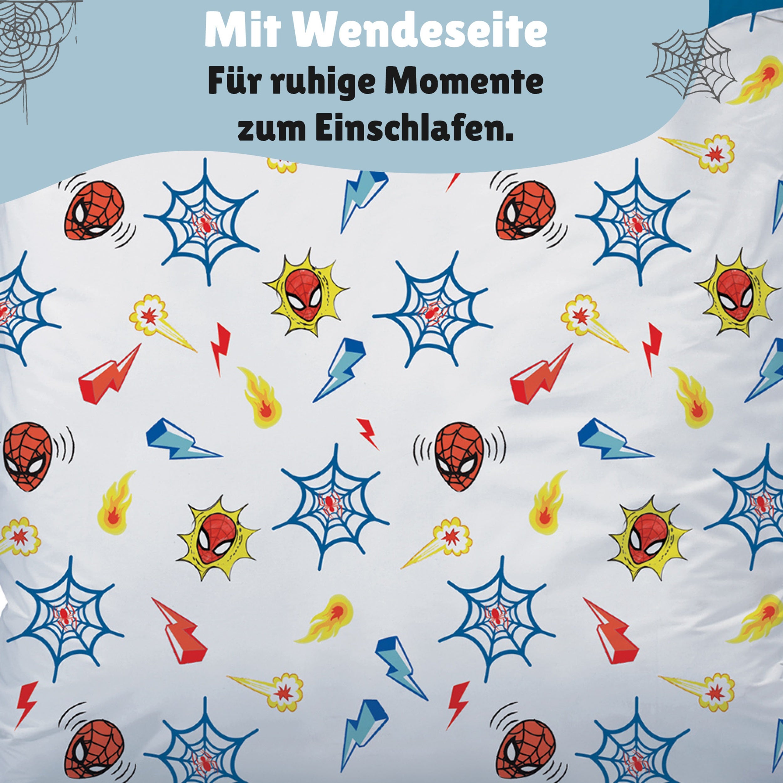 Detailansicht gemusterte Rückseite in weiß mit Muster aus Spiderman, Netzen, Blitzen und Kometen