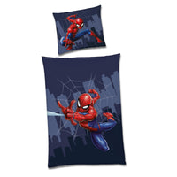 Spiderman Bettwäsche Set für Jungen blau mit Netz und Spinnen in der Stadt