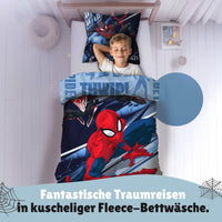 Spiderman Bettwäsche Set für Jungen in Fleece Qualität - Decken- und Kissenbezug 135x200 80x80 cm mit Reißverschluss - Blau, Öko-Tex