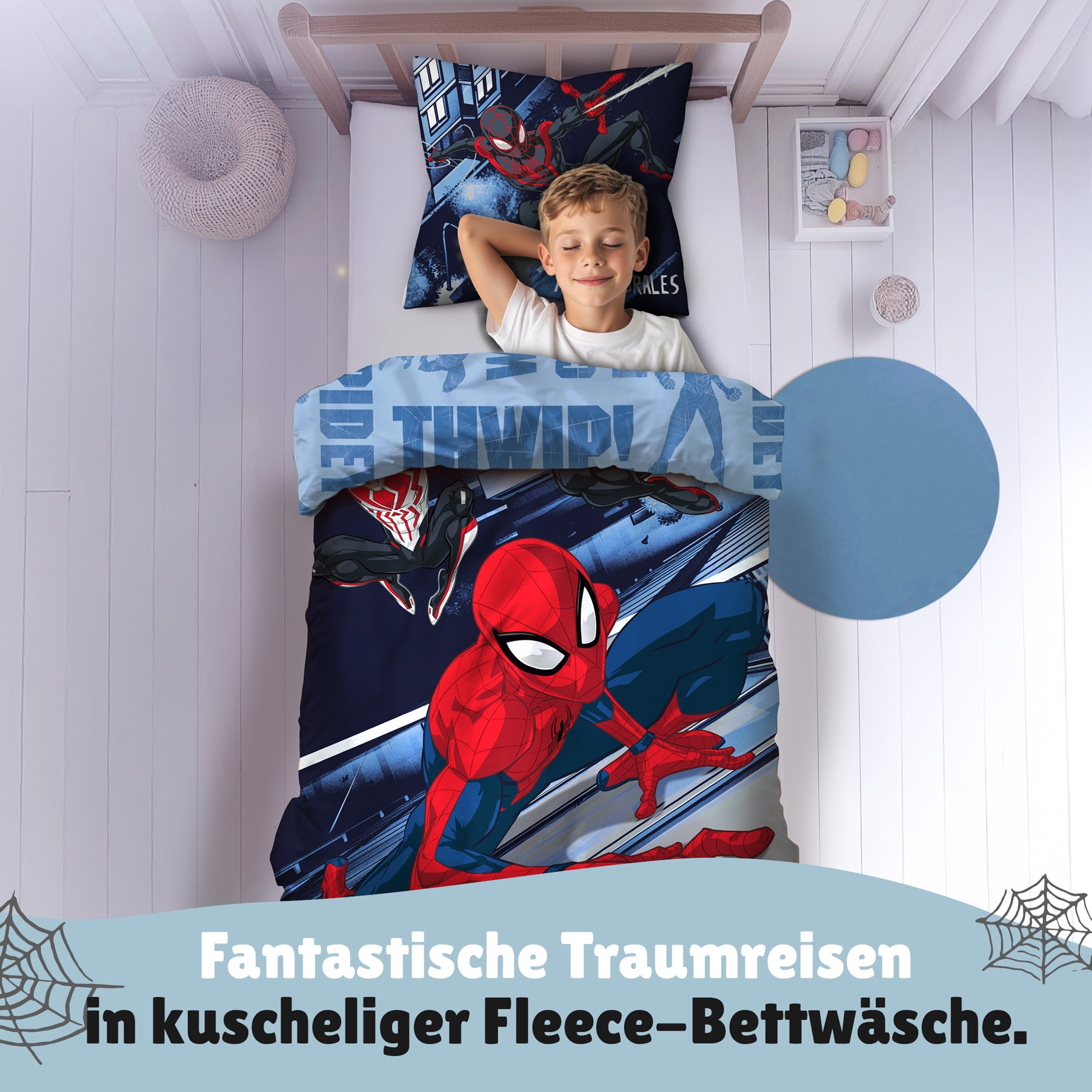 Spiderman Bettwäsche Set für Jungen in Fleece Qualität - Decken- und Kissenbezug 135x200 80x80 cm mit Reißverschluss - Blau, Öko-Tex