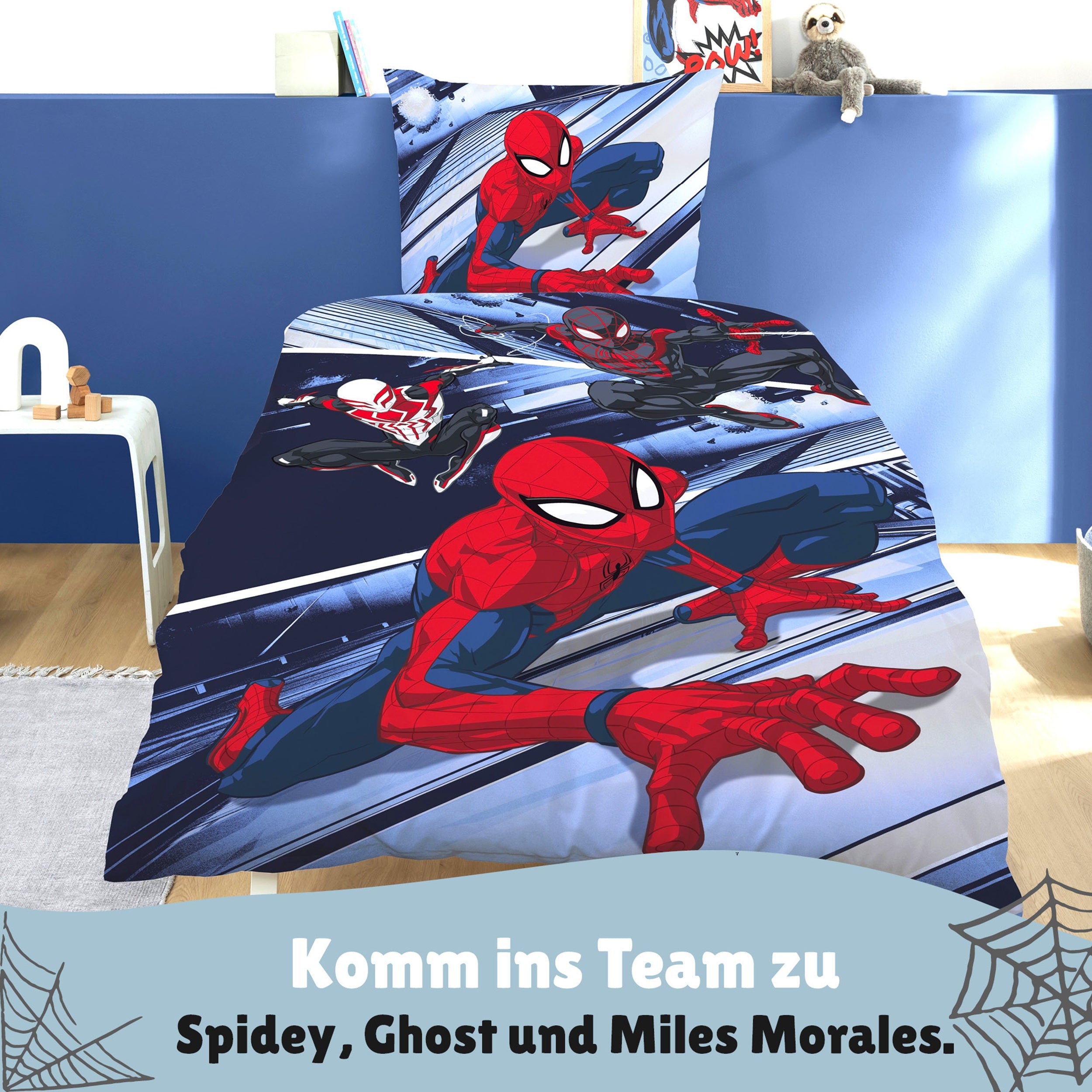 Spiderman Bettwäsche Set für Jungen in Fleece Qualität - Decken- und Kissenbezug 135x200 80x80 cm mit Reißverschluss - Blau, Öko-Tex