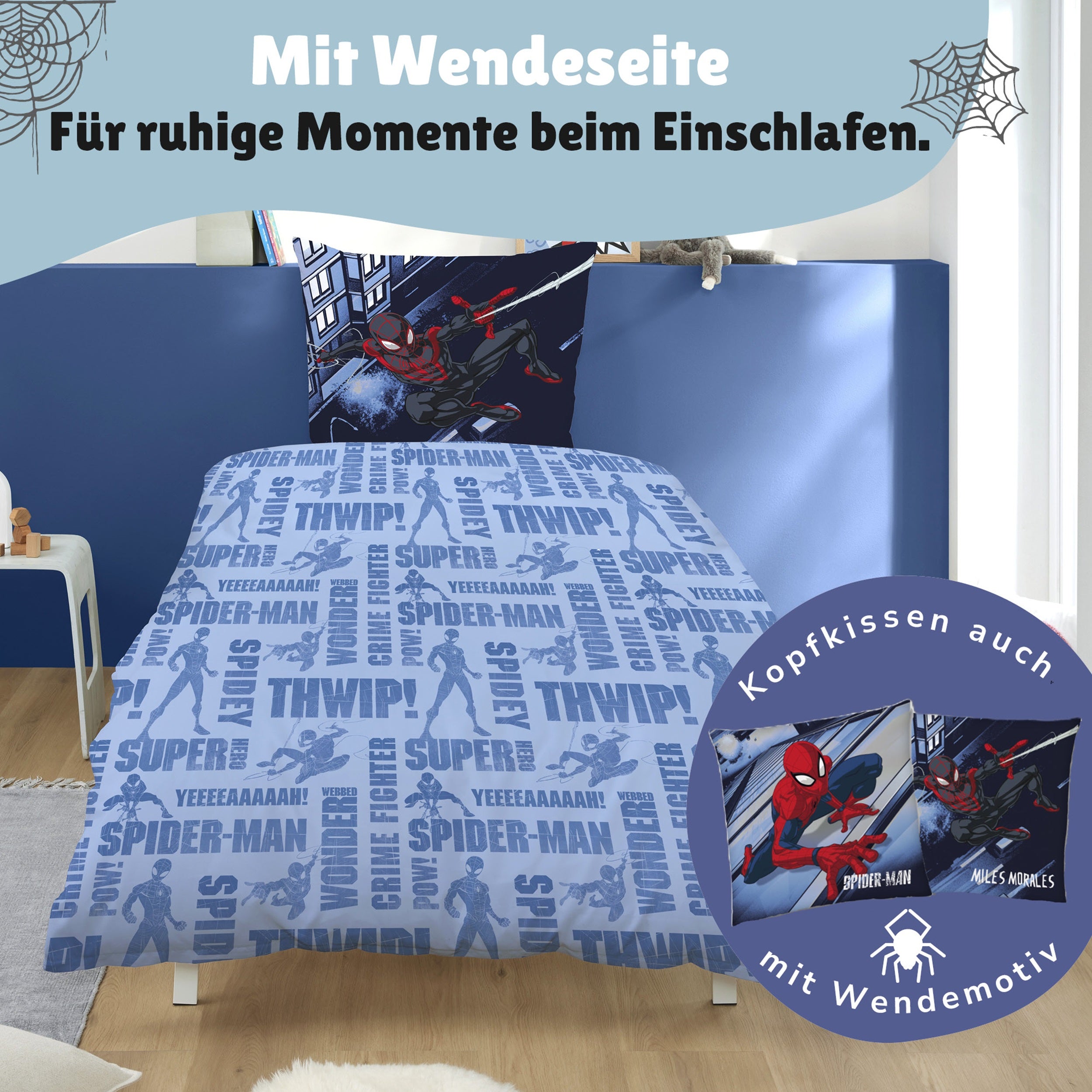 Spiderman Bettwäsche Set für Jungen in Fleece Qualität - Decken- und Kissenbezug 135x200 80x80 cm mit Reißverschluss - Blau, Öko-Tex
